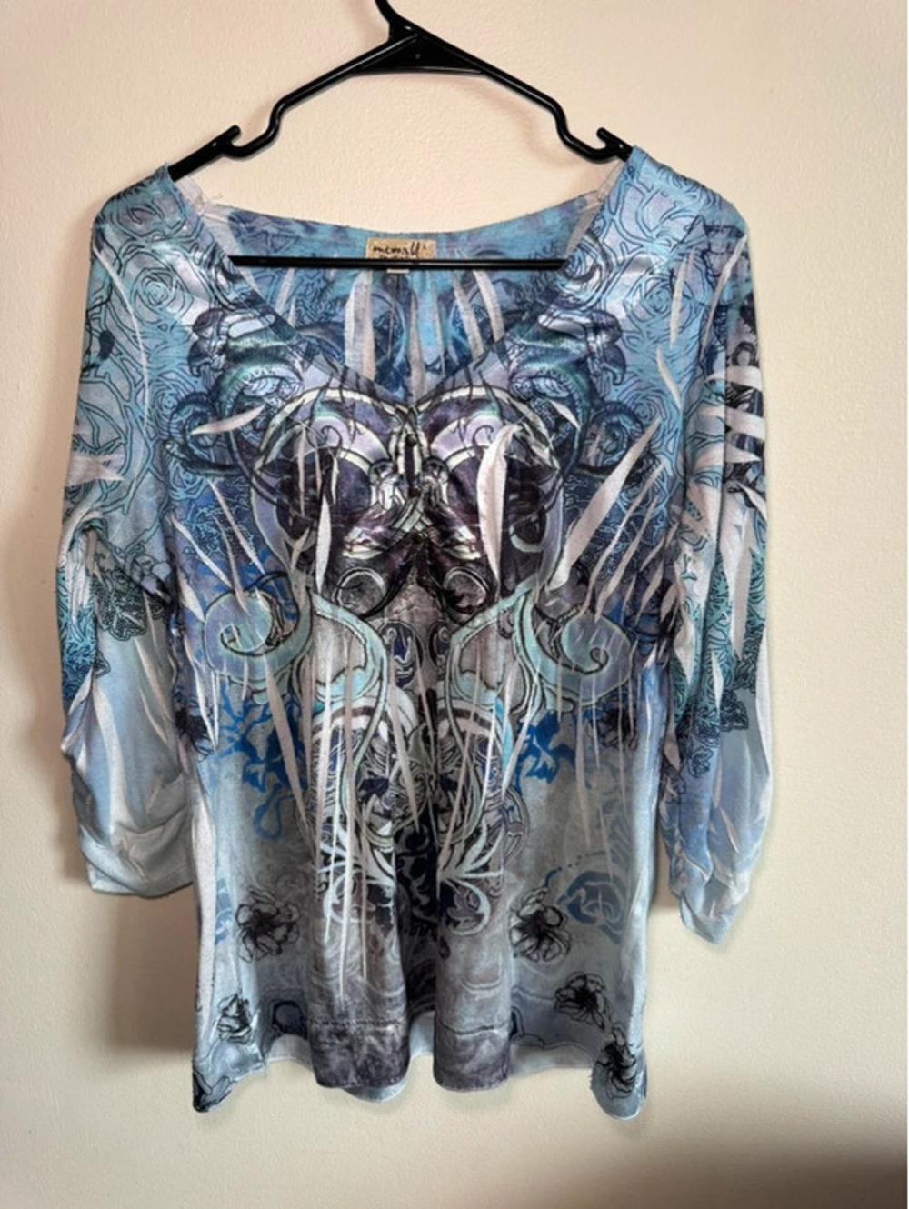 One World Blue Alt Indie Punk Long Sleeve T-Shirt Size Large PTP 24” GC